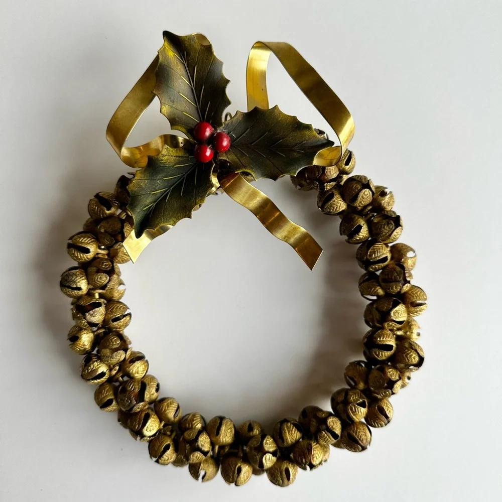 Vintage Petite Brass Jingle Bell WREATH w/ Bow + Holly Christmas Dresden VTG